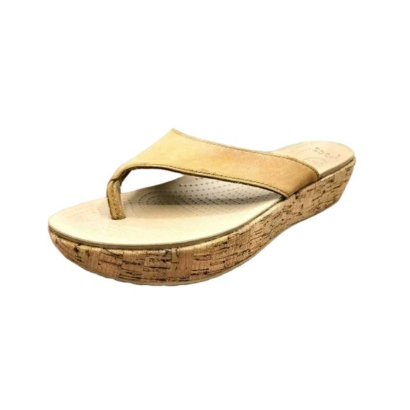 CROCS Shoes - Crocs 10 Tan Cork Wedge Flip Flop Thong Sandals 14933 Classic Casual Cushioned
